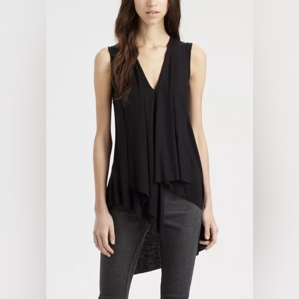 BCBG Max Azria Ruffle Cyprien High Low Satin Tank In Black Size S